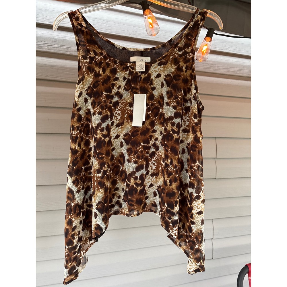WD.NY Women Brown Animal Leopard Print Handkerchief Hem Tank Top NWT Size L